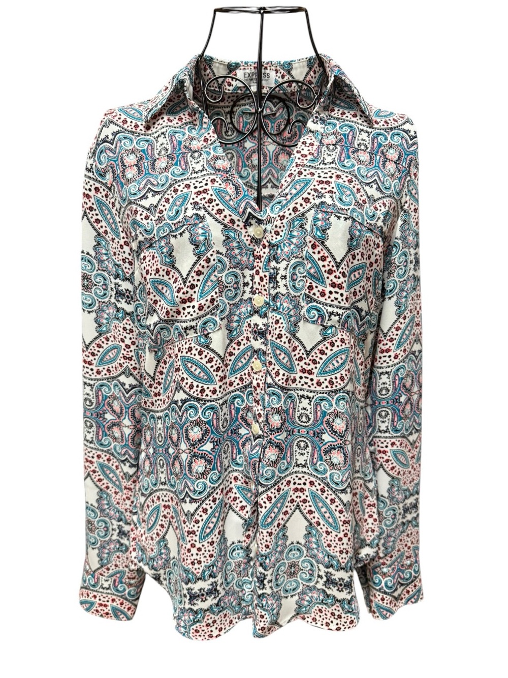 Express Portofino Slim Fit Teal, White & Red Paisley Button-Down Blouse Small